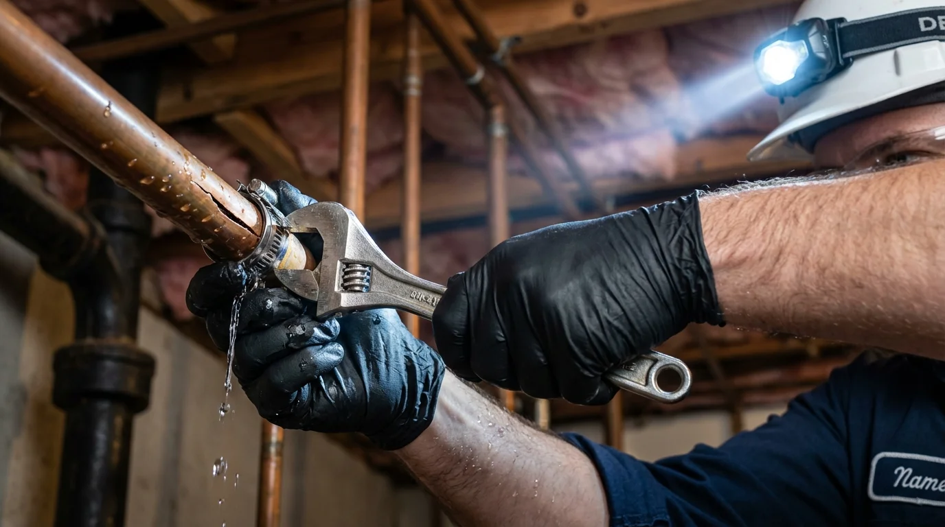Emergency pipe clamp repair being performed by a Johns Plumbing LLC plumber in Fincastle